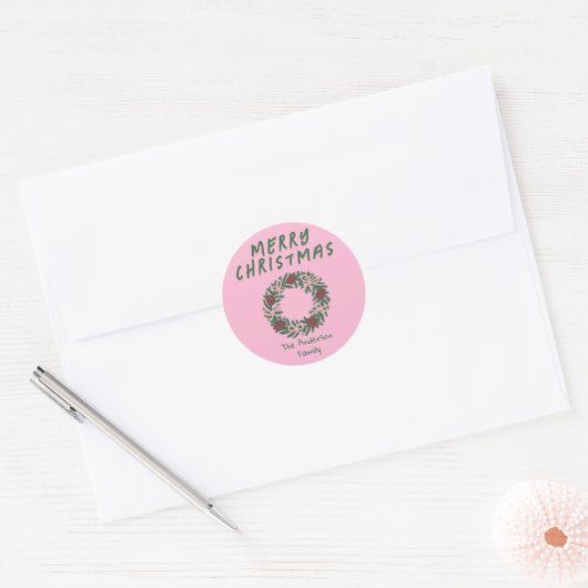 Hand Getrokken Roze Groene Kerst Bow Krans Ronde Sticker (Envelop)
