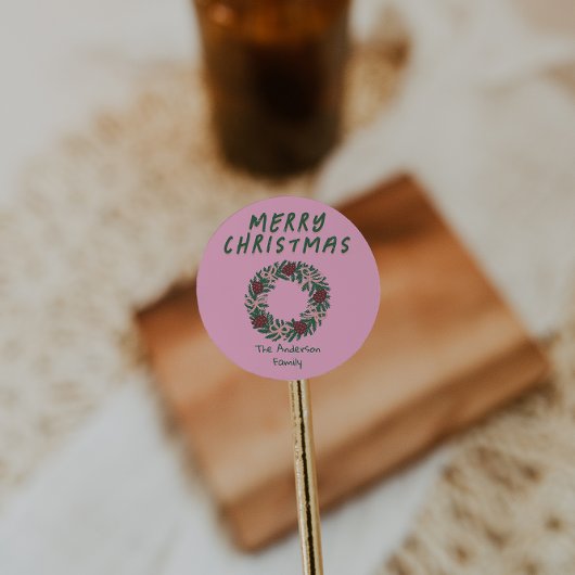 Hand Getrokken Roze Groene Kerst Bow Krans Ronde Sticker