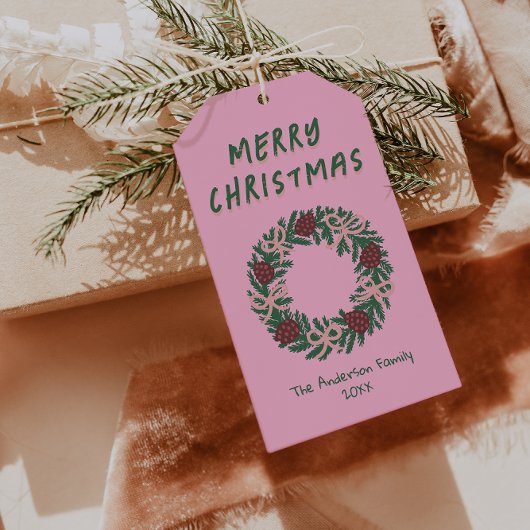 Hand getrokken roze groene kerst krans bogen cadeaulabel