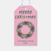 Hand getrokken roze groene kerst krans bogen cadeaulabel (Voorkant)