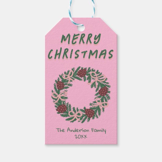 Hand getrokken roze groene kerst krans bogen cadeaulabel (Voorkant)