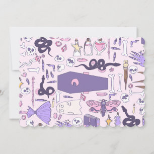 Hand getrokken roze Halloween doodskist heks zombi Kaart