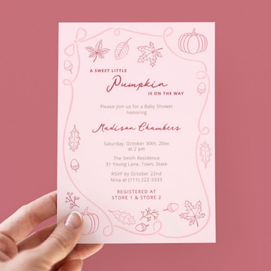 Hand getrokken roze kleine pompoen baby meisje dou kaart