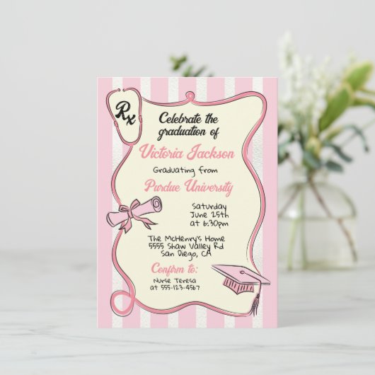 Hand getrokken roze medisch recept Afstuderen Kaart (Staand voorkant)