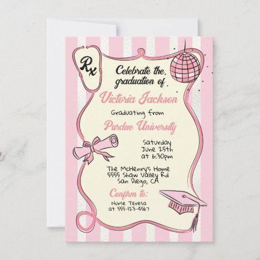 Hand getrokken Roze Medische Disco Ball Afstuderen Kaart (Voorkant)