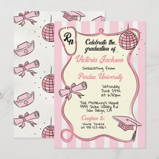 Hand getrokken Roze Medische RN Disco Ball Afstude Kaart (Voorkant / Achterkant)