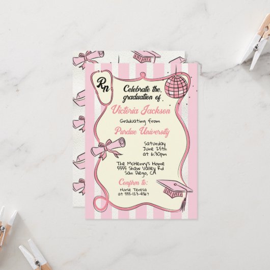 Hand getrokken Roze Medische RN Disco Ball Afstude Kaart (Voorkant / Achterkant in situ)