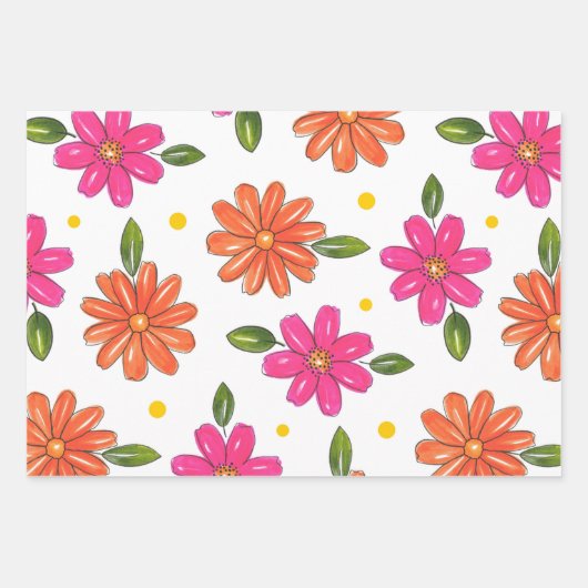 Hand getrokken roze, Oranje bloemen Inpakpapier Vel (Voorkant 2)