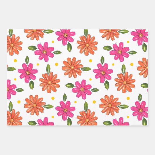 Hand getrokken roze, Oranje bloemen Inpakpapier Vel (Voorkant)