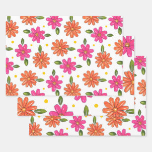Hand getrokken roze, Oranje bloemen Inpakpapier Vel