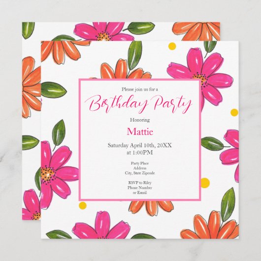 Hand getrokken roze, Oranje bloemen Kaart (Voorkant / Achterkant)