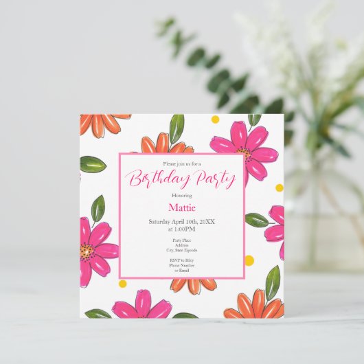 Hand getrokken roze, Oranje bloemen Kaart (Staand voorkant)