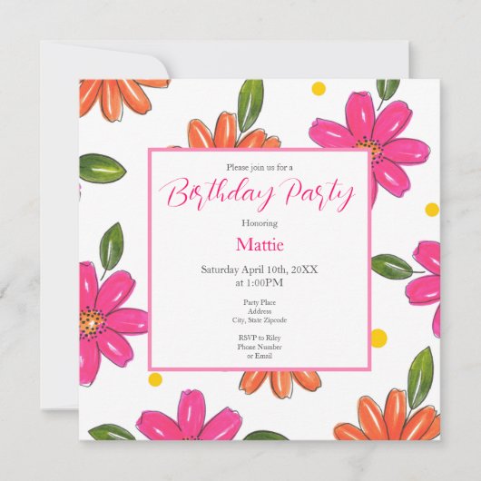 Hand getrokken roze, Oranje bloemen Kaart (Voorkant)