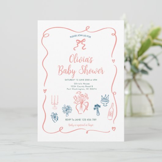 Hand getrokken roze perzik Baby shower uitnodiging (Staand voorkant)