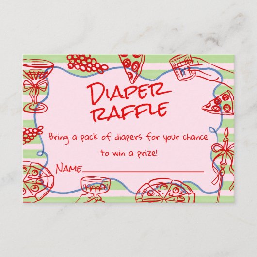 Hand getrokken Roze Pizza Ciao Baby Luier Raffle Informatiekaartje (Voorkant)