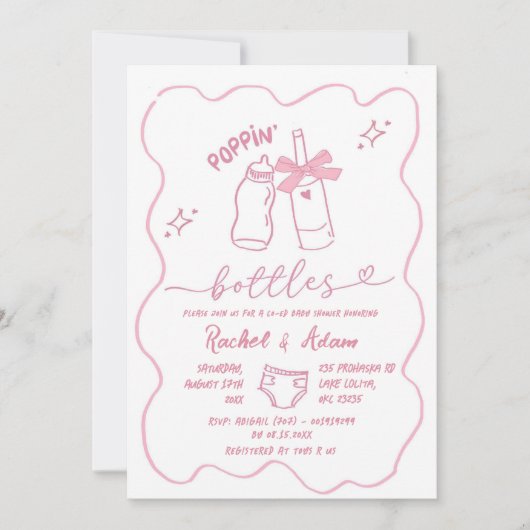 Hand getrokken roze Poppin Bottles Baby shower Kaart (Voorkant)