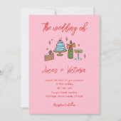 Hand getrokken Roze Retro Whimsical QR Code Bruilo Kaart (Voorkant)