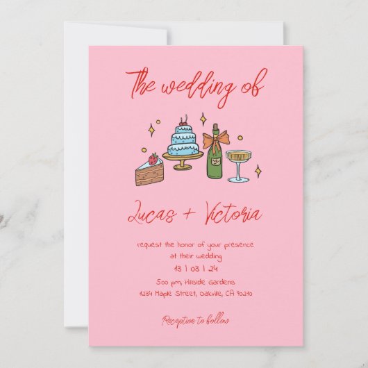 Hand getrokken Roze Retro Whimsical QR Code Bruilo Kaart (Voorkant)