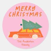 Hand Getrokken Roze Rode Autoboom Kerstmis Ronde Sticker (Voorkant)