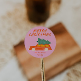  Hand Getrokken Roze Rode Autoboom Kerstmis Ronde Sticker