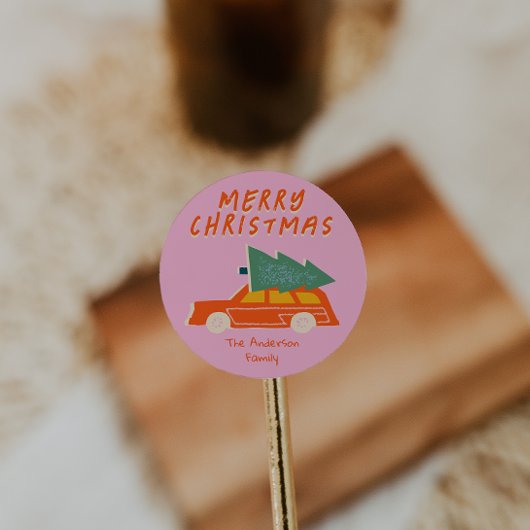 Hand Getrokken Roze Rode Autoboom Kerstmis Ronde Sticker