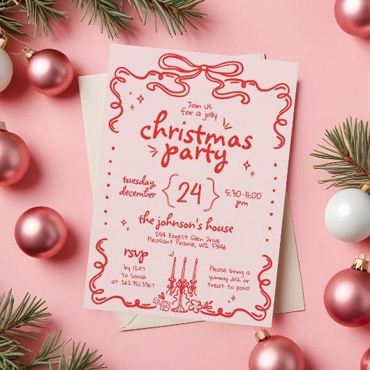 Hand getrokken roze & rode boog Modern kerstfeest Kaart