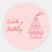 Hand getrokken roze rode champagne toren verjaarda ronde sticker (Voorkant)