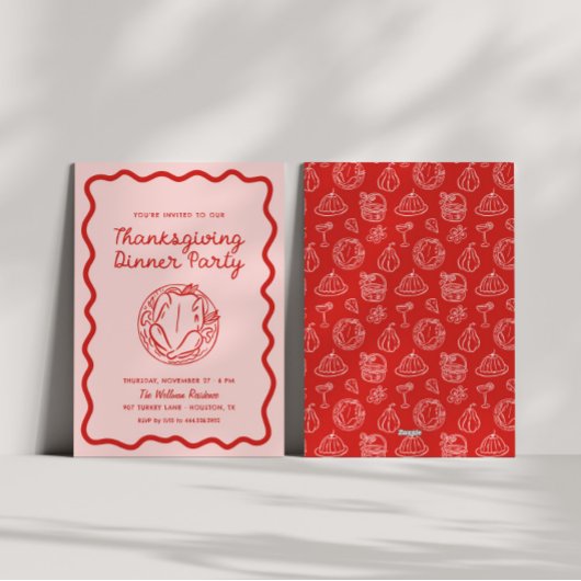 Hand getrokken roze rode Whimsy Doodle Thanksgivin Feestdagenkaart