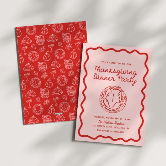 Hand getrokken roze rode Whimsy Doodle Thanksgivin Feestdagenkaart