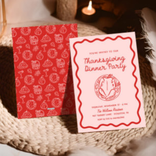 Hand getrokken roze rode Whimsy Doodle Thanksgivin Feestdagenkaart