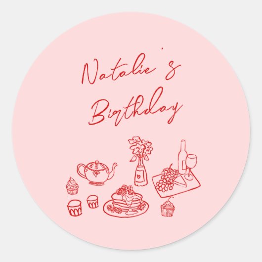 Hand getrokken roze rood servies Verjaardag Brunch Ronde Sticker (Voorkant)