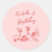 Hand getrokken roze rood servies verjaardagsdiner ronde sticker (Voorkant)