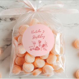 Hand getrokken roze rood servies verjaardagsdiner ronde sticker