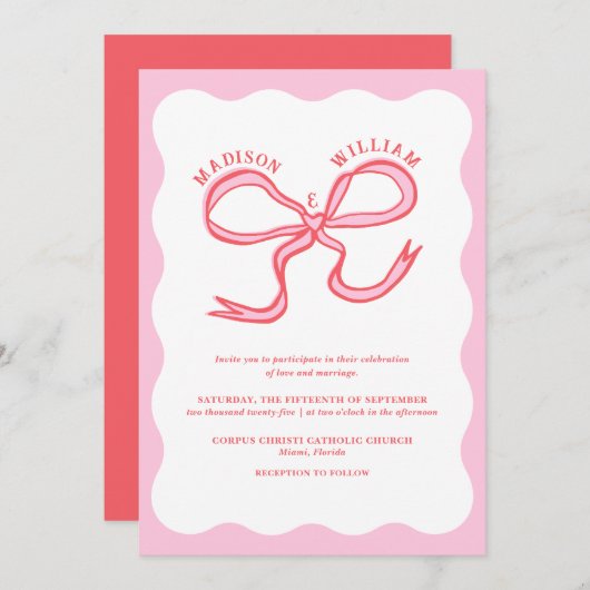 Hand getrokken roze rood Wavy bruiloft uitnodiging (Voorkant / Achterkant)