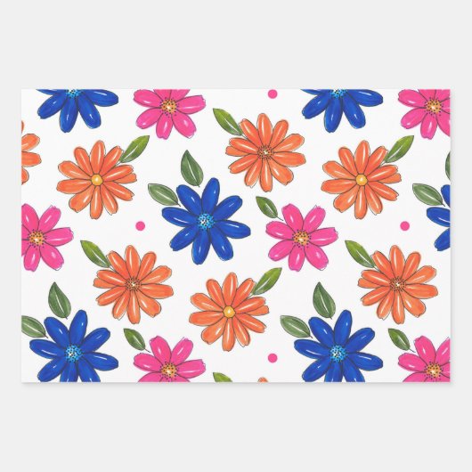 Hand getrokken roze, Sinaasappel, blauw bloemen Inpakpapier Vel (Voorkant)