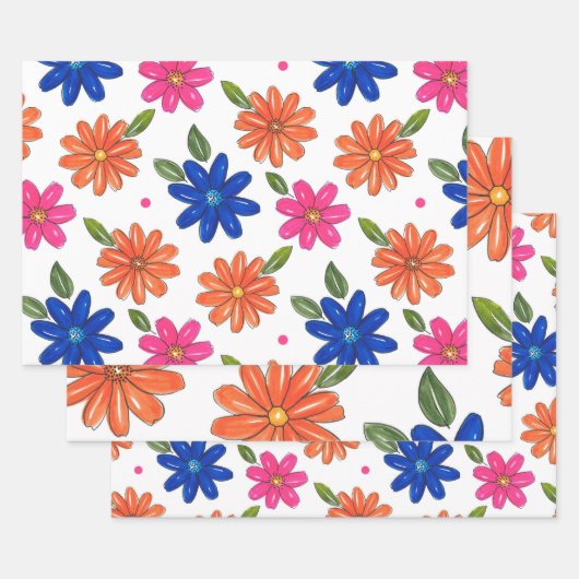 Hand getrokken roze, Sinaasappel, blauw bloemen Inpakpapier Vel (Set)