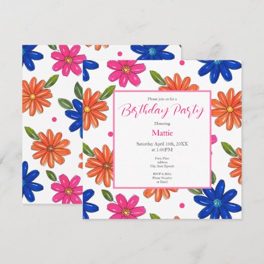 Hand getrokken roze, Sinaasappel, blauw bloemen Kaart (Voorkant / Achterkant)