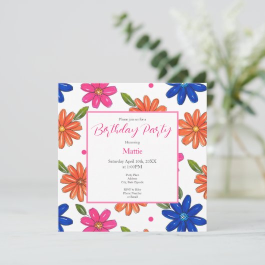 Hand getrokken roze, Sinaasappel, blauw bloemen Kaart (Staand voorkant)