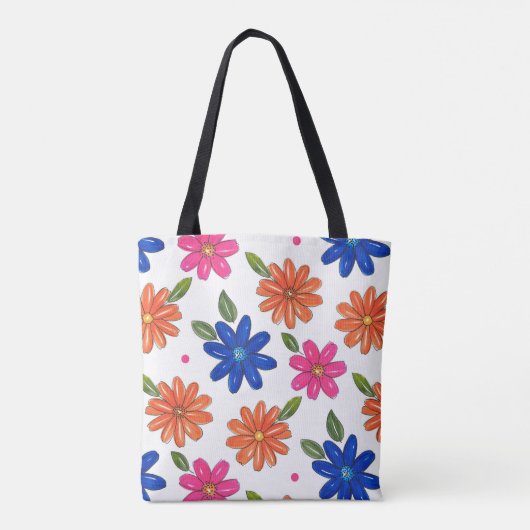 Hand getrokken roze, Sinaasappel, blauw bloemen Tote Bag (Achterkant)