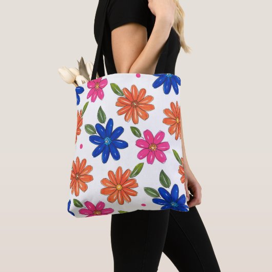 Hand getrokken roze, Sinaasappel, blauw bloemen Tote Bag (Dichtbij)