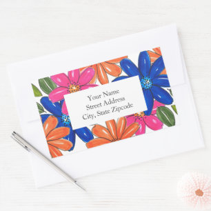 Hand getrokken roze Sinaasappel blauw bloemenpatro Rechthoekige Sticker