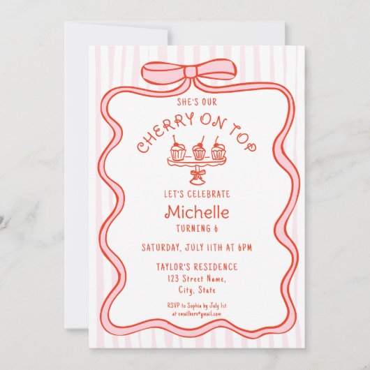 Hand getrokken roze strik kersen op Top Girl Verja Kaart (Voorkant)