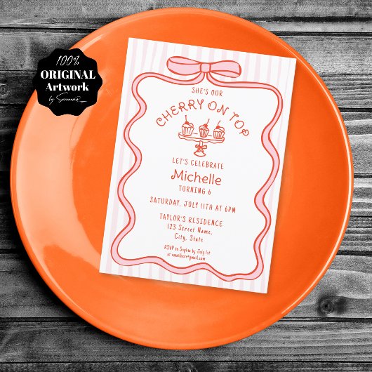 Hand getrokken roze strik kersen op Top Girl Verja Kaart