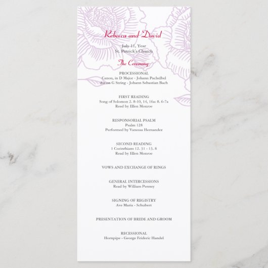 Hand getrokken rozen bruiloft programma paarse programmakaart (Voorkant)