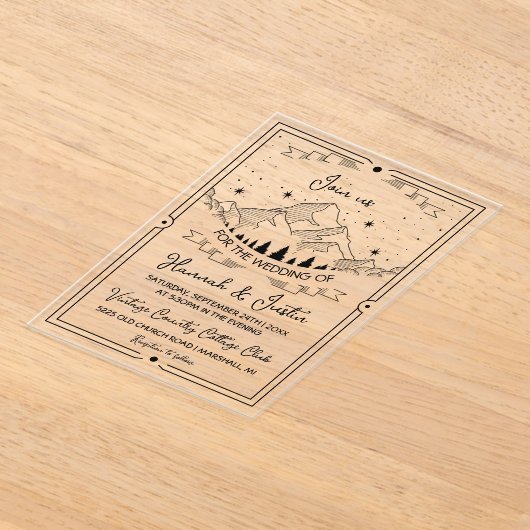 Hand getrokken Rustic Mountain Star hemel bruiloft Acryl Uitnodigingen (Laagn)