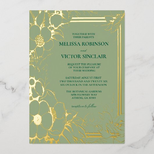 Hand getrokken Sage Green bruiloft Folie Uitnodiging (Voorkant)