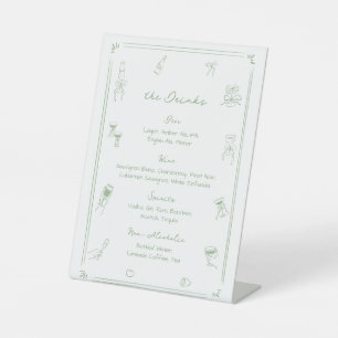 Hand getrokken Sage Green Wedding Bar Drink Menu Reclamebord Met Voetstuk