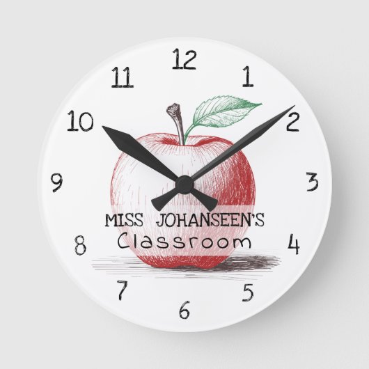 Hand getrokken Schattige & Fun Red Apple Teacher C Ronde Klok (Voorkant)
