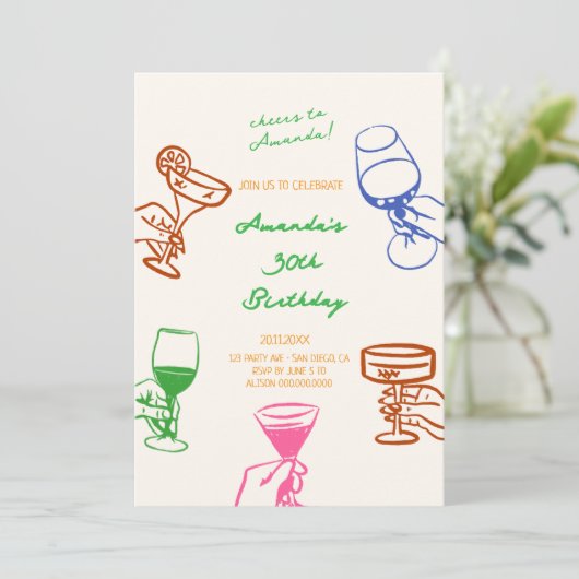 Hand getrokken Scribble Cocktail Verjaardag uitnod Kaart (Staand voorkant)