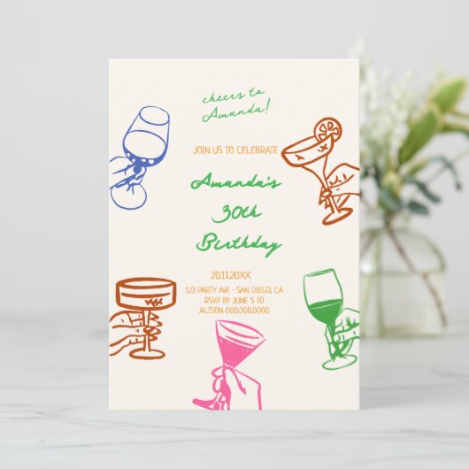 Hand getrokken Scribble Cocktail Verjaardag uitnod Kaart (Staand voorkant)
